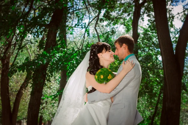 Pareja casada en bosque abrazando — Foto de Stock