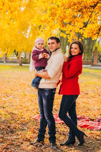 Imagen de la encantadora familia en el parque de otoño, padres jóvenes con niños adorables jugando al aire libre, cinco personas alegres se divierten en el patio trasero en otoño, la familia feliz disfruta de la naturaleza otoñal —  Fotos de Stock