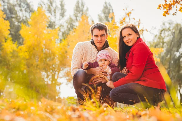 Imagen de la encantadora familia en el parque de otoño, padres jóvenes con niños adorables jugando al aire libre, cinco personas alegres se divierten en el patio trasero en otoño, la familia feliz disfruta de la naturaleza otoñal —  Fotos de Stock