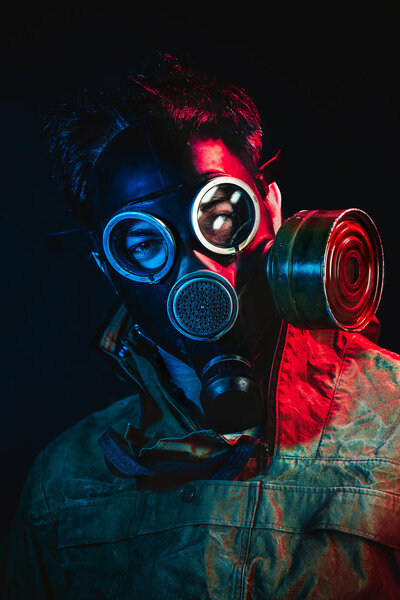grunge portrait man in gas mask
