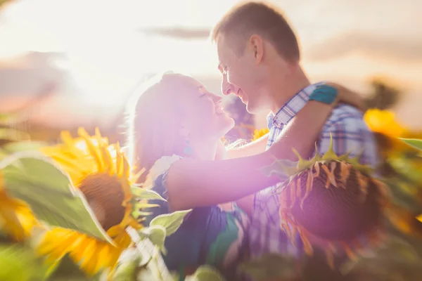 Hermosa pareja divirtiéndose en campos de girasoles —  Fotos de Stock