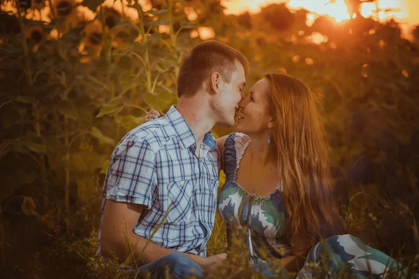 Hermosa pareja divirtiéndose en campos de girasoles —  Fotos de Stock