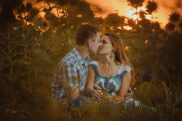 Beau couple s'amusant dans les champs de tournesols — Photo