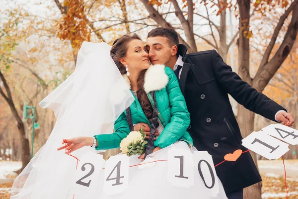 Hermosa boda en el parque de otoño — Foto de Stock