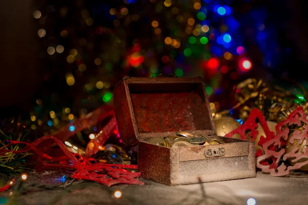 Treasure chest with  Christmas decorations — Stock Photo, Image