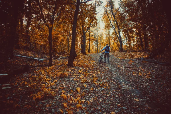 Course de VTT dans une forêt au Danemark, prise de vue à faible vitesse d'obturation pour obtenir un flou de mouvement — Photo