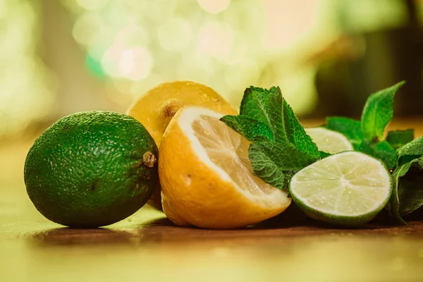 Agrumes frais mûrs à la menthe sur table en bois de jardin — Photo