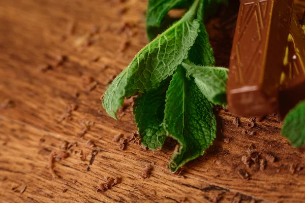 Стопка шоколадных кусочков с листком мяты на деревянном фоне — стоковое фото