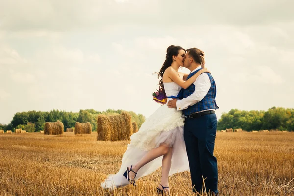 Nevěsta a ženich v blízkosti seno na venkovské oblasti — Stock fotografie