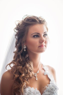 Şık lüks muhteşem gelin pencere karşı ayakta