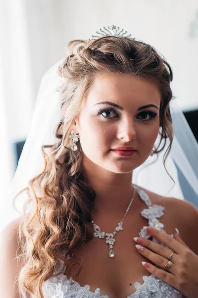 Elegante novia hermosa de lujo de pie sobre fondo blanco —  Fotos de Stock