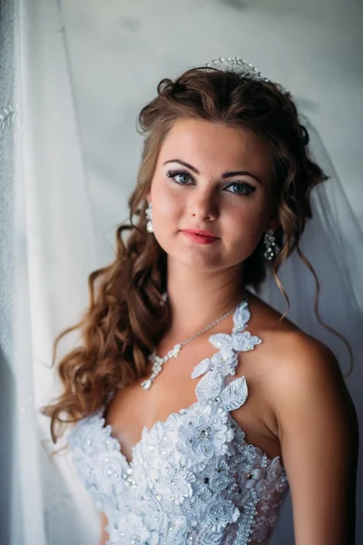 Stylish luxury gorgeous bride standing against the window — Stock Photo, Image