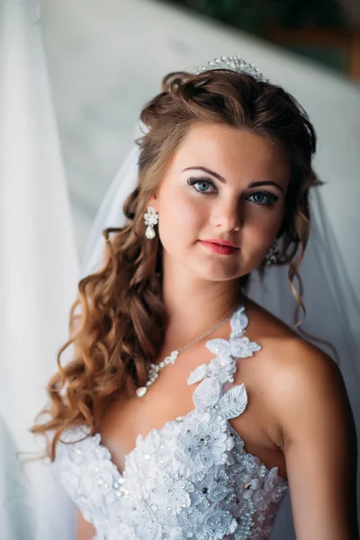 Stylish luxury gorgeous bride standing against the window — Stock Photo, Image