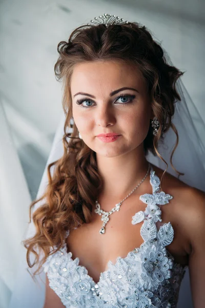 Stylish luxury gorgeous bride standing against the window — Stock Photo, Image