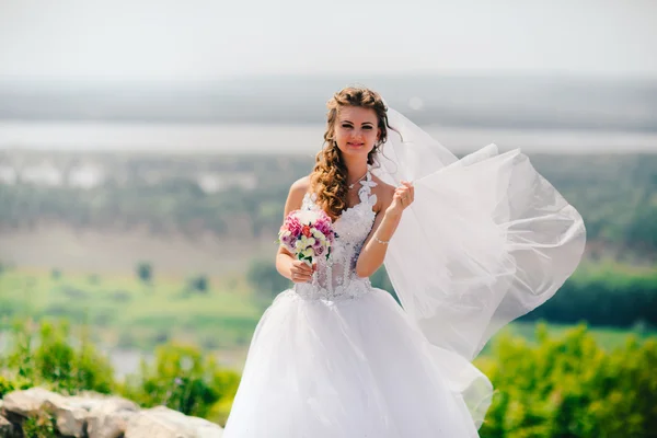 Bela noiva elegante feliz no fundo da natureza — Fotografia de Stock