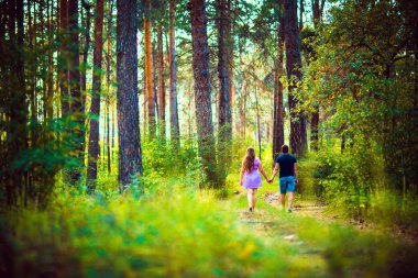 Romantik genç çift gidin ve arka plan yaz orman üzerinde ellerimi