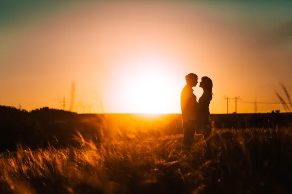 Romantické silueta páru postavení a líbání na pozadí letní louka sunset — Stock fotografie