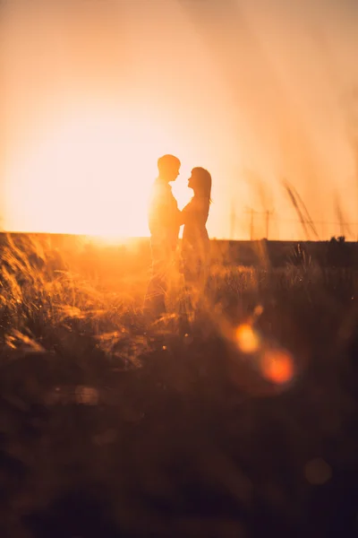 Романтична пара стоїть і цілується на фоні літнього лугового заходу сонця — стокове фото