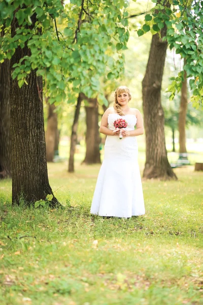 Bella giovane sposa stand su sfondo foresta — Foto Stock