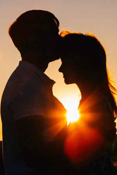 Romantic silhouette couple standing and kissing on background summer meadow sunset — Stock Photo, Image
