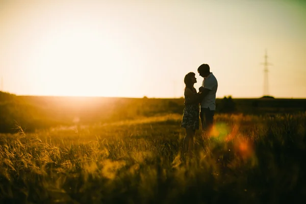 Романтическая пара стоящая и целующаяся на заднем плане летний луговой закат — стоковое фото