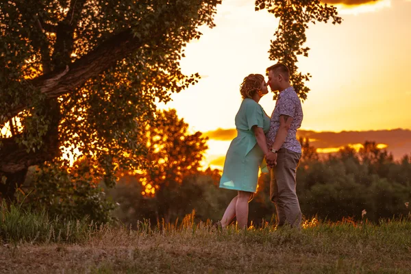 Pareja romántica de pie y besándose en el fondo verano pradera puesta de sol — Foto de Stock