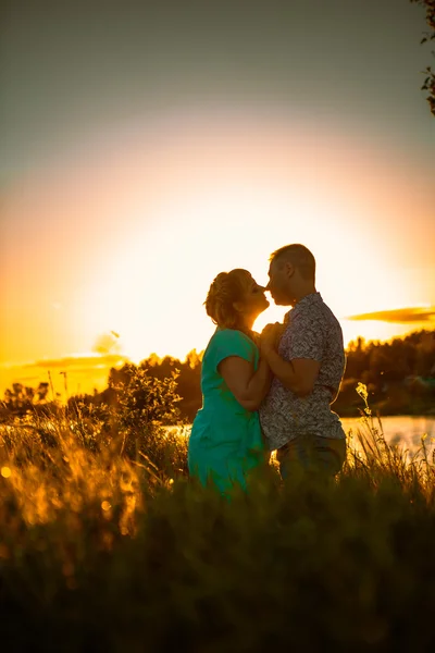Romantisches Paar steht und küsst im Hintergrund Sommerwiese Sonnenuntergang — Stockfoto