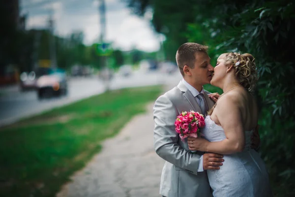 Beautiful young couple stand on background forest — Stock Photo, Image