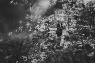 siyah beyaz fotoğraf güzel genç çift arka plan orman üzerinde durmak.