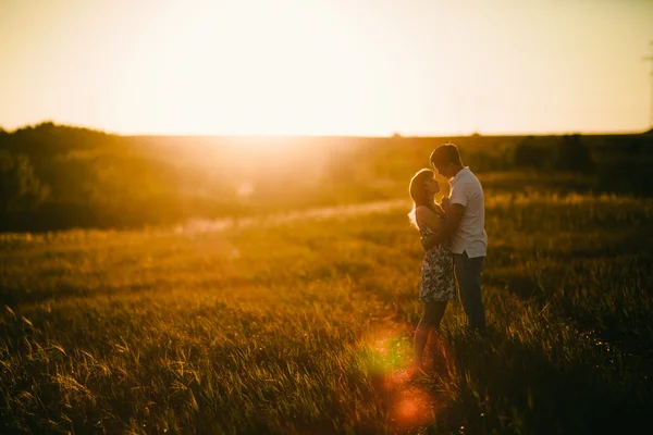 Pareja romántica de pie y besándose en el fondo campo de verano girasol puesta de sol —  Fotos de Stock