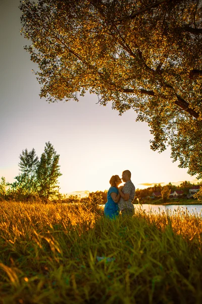 Romantikus pár állt, és a háttérben nyári rét sunset csók — Stock Fotó