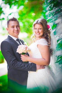 Mutlu çifte gelin ve damat kucaklayan onlar arka plan doğa yakın çekim stand