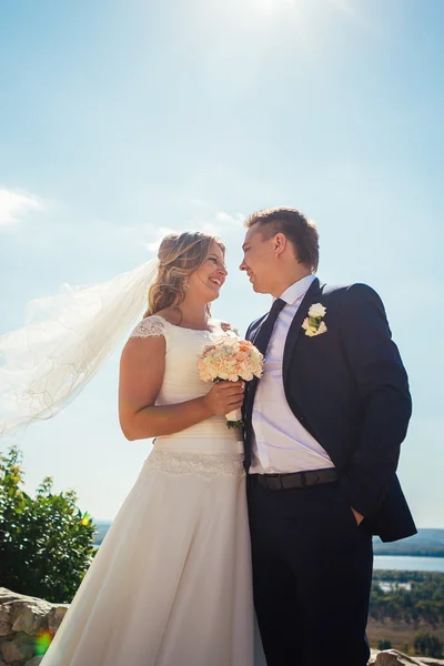 Gelukkige paar bruid en bruidegom omarmen ze staan op de achtergrond aard — Stockfoto