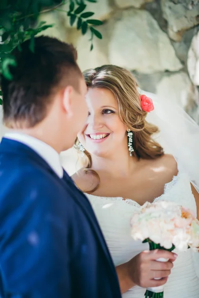 Casal feliz noiva e noivo abraçando eles ficam no fundo parede de pedra close-up — Fotografia de Stock