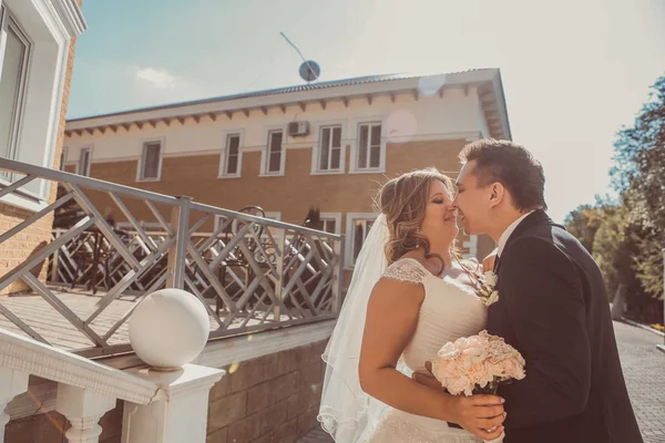 Sposa e sposo abbracciando si trovano su sfondo bella architettura della città a tutta lunghezza — Foto Stock