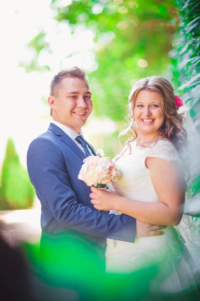 Happy couple bride and groom embracing they stand on background nature close-up — Stock Photo, Image