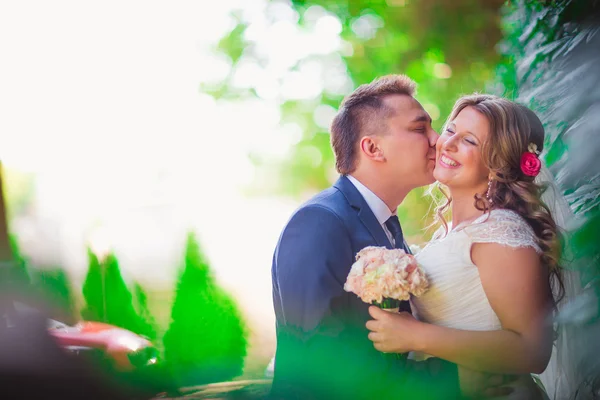 Lyckliga par bruden och brudgummen omfattar de står på bakgrunden natur närbild — Stockfoto