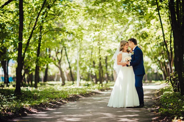 Feliz pareja novia y novio abrazando ellos stand en un bosque completo longitud — Foto de Stock