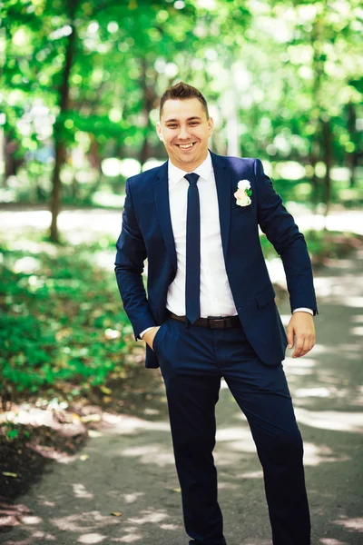 Gorgeous stylish elegant happy groom standing light on a background of beautiful sunny  trees in  forest full length — Stock Photo, Image