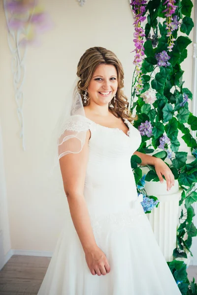 Elegance cute bride is posing on the background room — стоковое фото