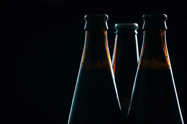 three bottle of dark beer on a  blurred background