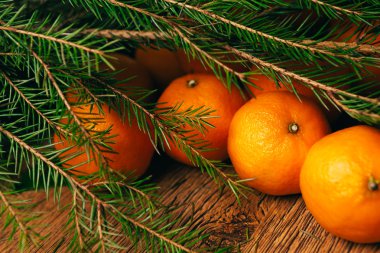 Birçok taze mandalina ve ahşap arka plan üzerinde Noel ağacının dalları