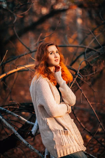 美丽的姑娘上背景秋天的森林 — 图库照片