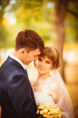 Genç gelin ve damat daha mavi zemin üzerine