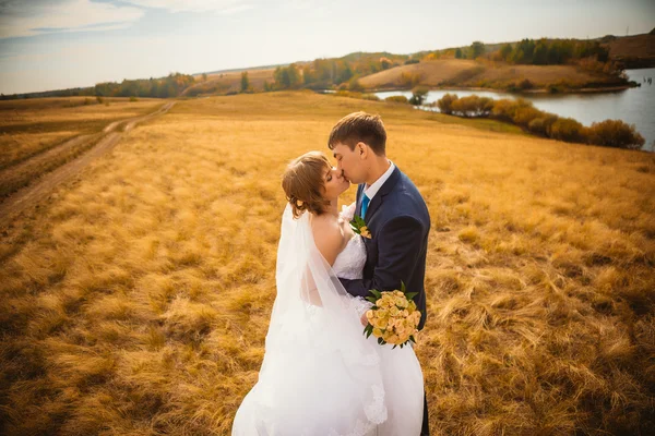 Jeune mariée et marié sur le fond de champ — Photo