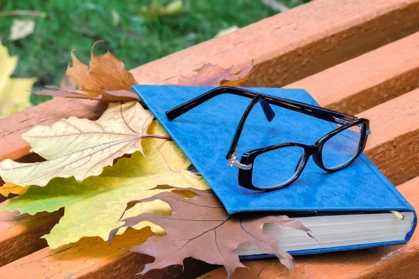 Books, glasses and fallen leaves on a Park bench. — Stock Photo, Image