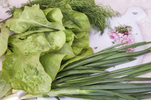 Sebzeler: yeşil soğan, marul ve dereotu — Stok fotoğraf