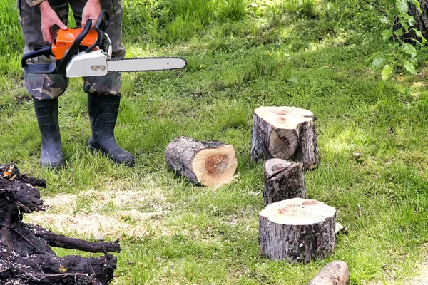 Personas en el trabajo: hombre aserrando árboles . — Foto de Stock