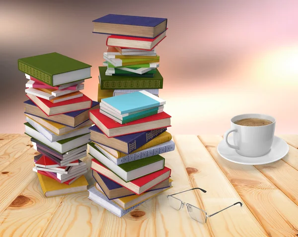 The piles of books and notebooks on a wooden table. — Stock Photo, Image