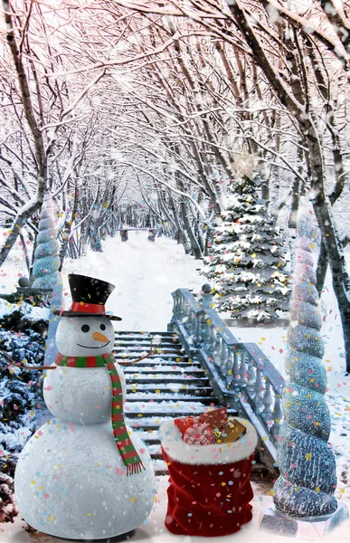 Karácsonyi táj: hóember ajándékok. — Stock Fotó